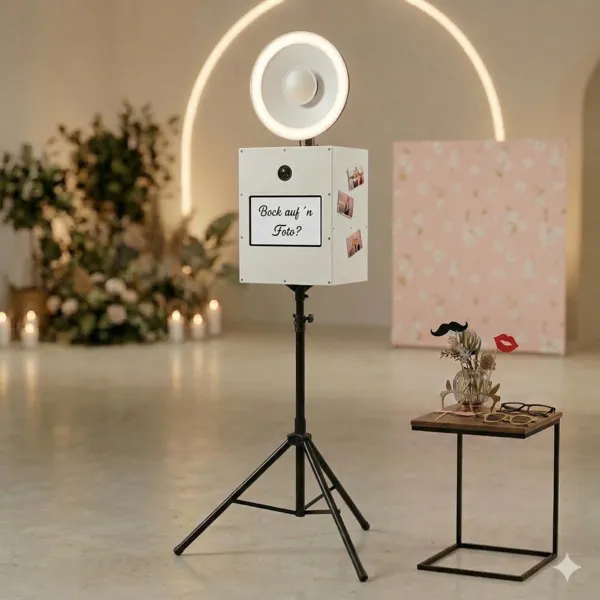 SNAPSHOT2GO Fotobox Berlin mieten, elegantes Stativ-Design mit 19-Zoll-Touchscreen und Sofortdruck für Hochzeiten und Events
